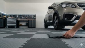 Comparatif dalle PVC garage et pro : quelle gamme ANC choisir en 2026 ? Installation de dalles de sol PVC modulaires dans un garage moderne avec voiture et &eacute;tabli.