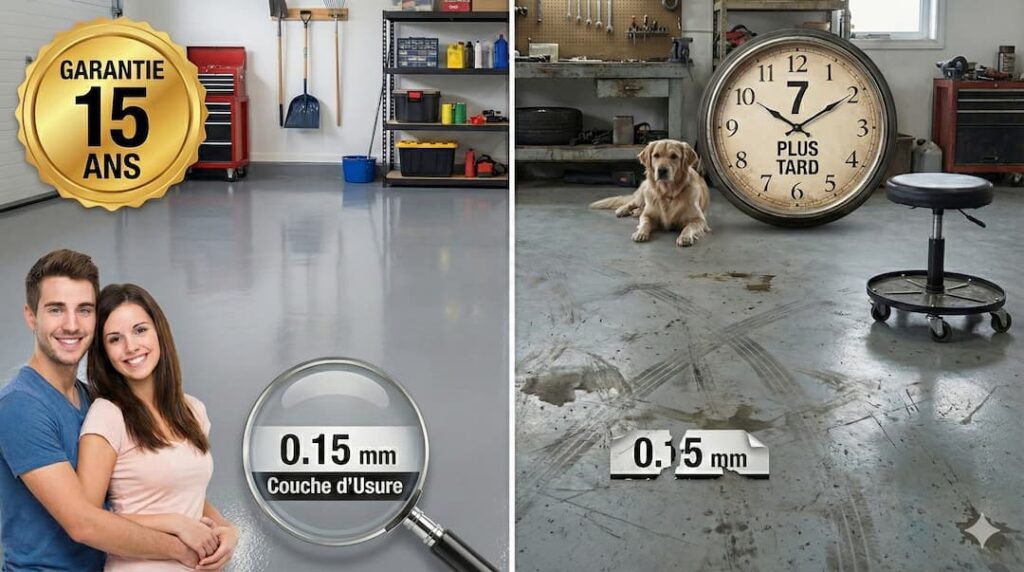 Durée de vie dalle PVC : la vérité sur la garantie 15 ans, image comparant un sol de garage neuf avec une couche d'usure de 0.15mm et un sol usé après 7 ans, montrant les limites de la promesse.