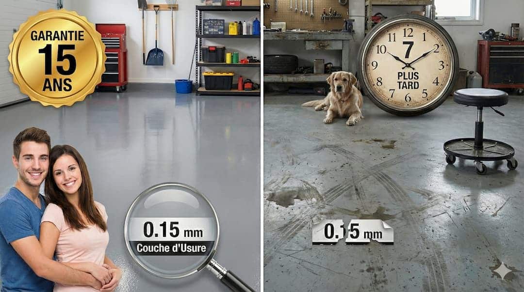 Durée de vie dalle PVC : la vérité sur la garantie 15 ans, image comparant un sol de garage neuf avec une couche d'usure de 0.15mm et un sol usé après 7 ans, montrant les limites de la promesse.