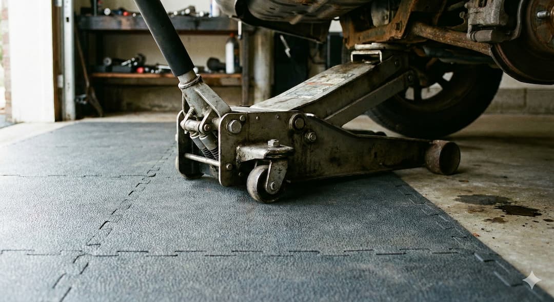 Cric de voiture reposant sur des dalles PVC grises, mettant en évidence la caractéristique technique des dalles PVC pour la résistance et la protection du sol de garage.