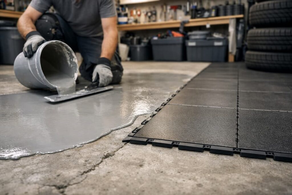 Un ouvrier effectue un ragréage sol garage, créant une surface lisse avant la pose de dalles modulaires.