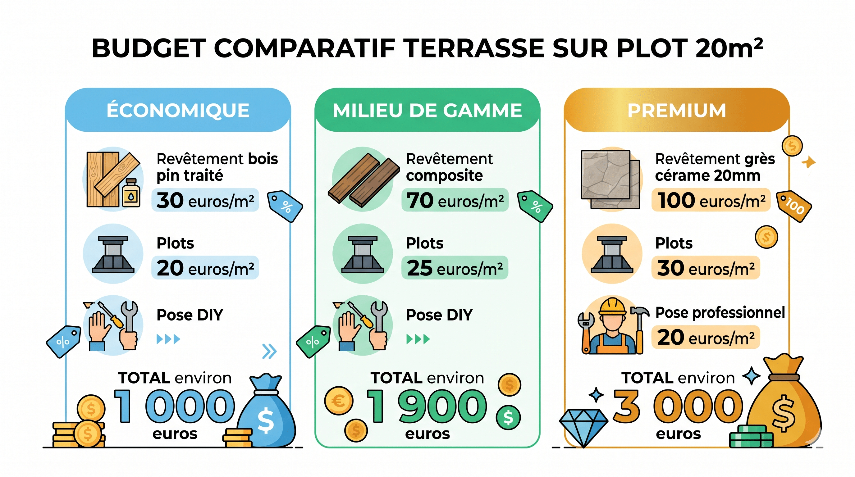 Infographie 3 budgets terrasse sur plot 20m2 : &eacute;conomique 1000 euros, milieu de gamme 1900 euros, premium 3000 euros